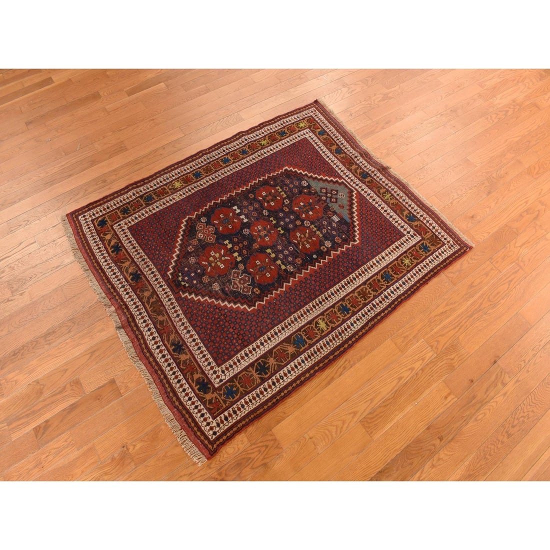 Blue with Red Antique Persian Afshar Wool Even Wear Hand Knotted Rug - 2