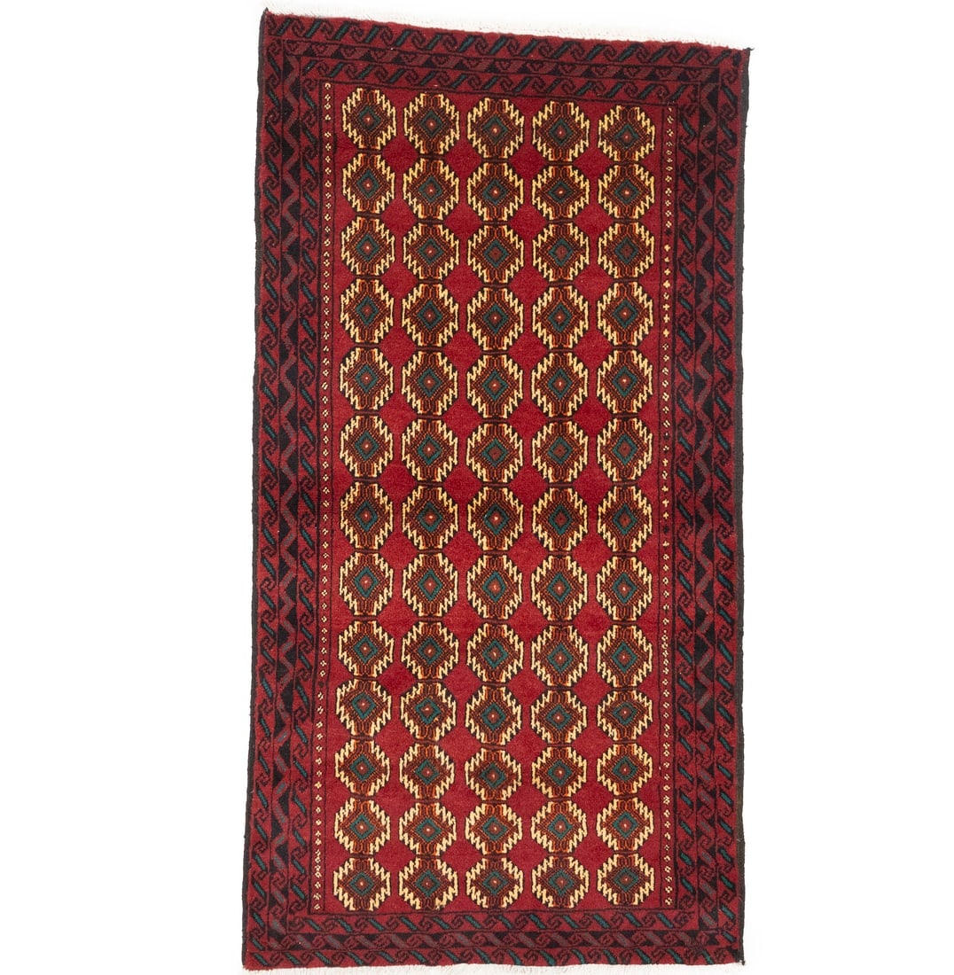 Vintage Red Tribal 3'3X6'4 Balouch Persian Rug: Title:Vintage Red Tribal 3'3X6'4 Balouch Persian RugDescription:Handmade antique 3'3X6'4 red Persian rug made with vegetable dyes (fine wool pile and cotton foundation), superior knot count, and