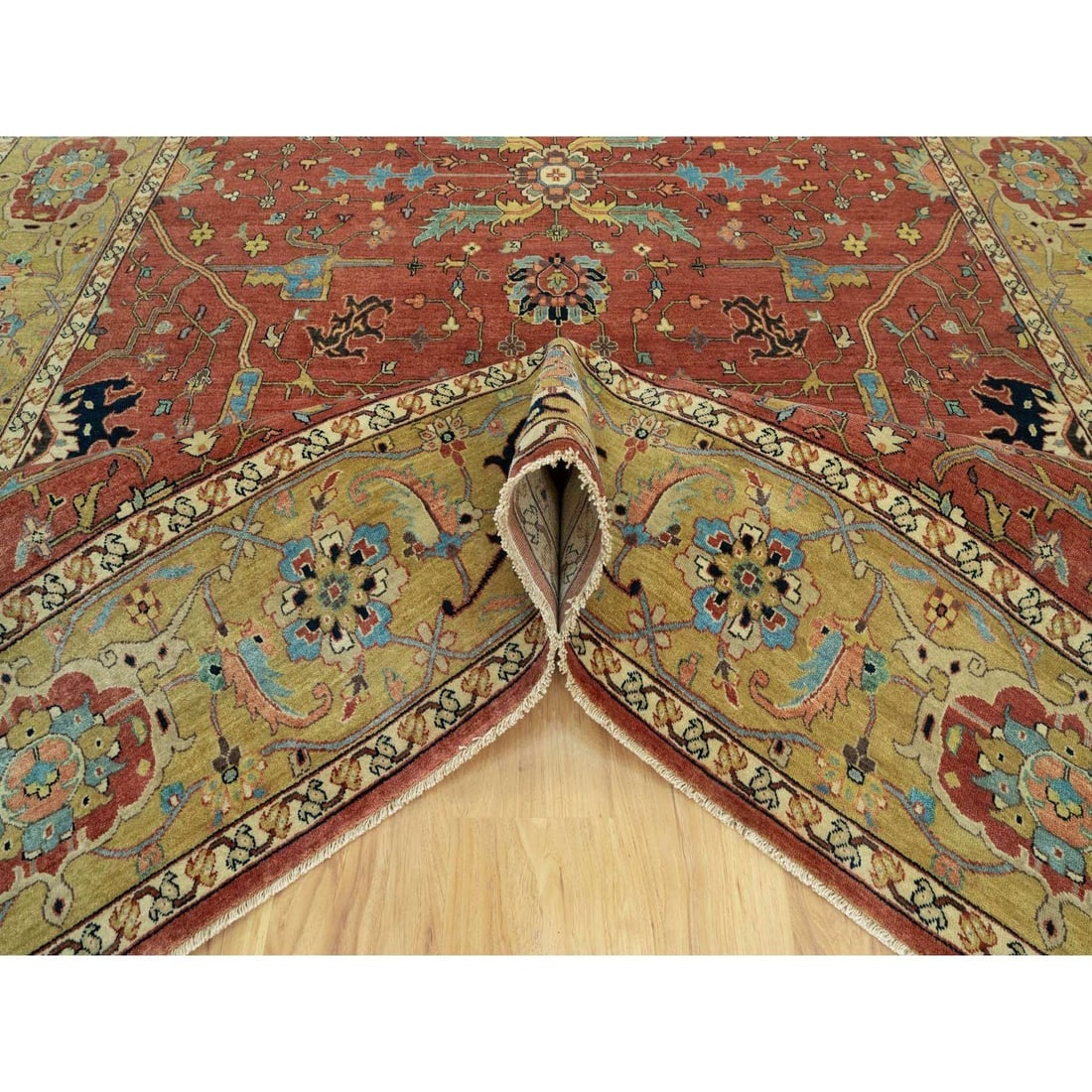 Sanguine Red Vibrant Wool Antiqued Heris Re-Creation Hand Knotted Rug - 5