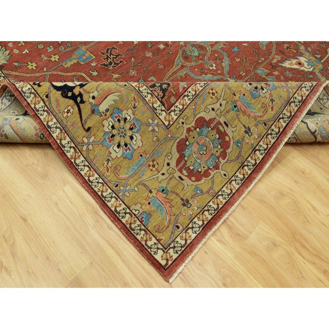 Sanguine Red Vibrant Wool Antiqued Heris Re-Creation Hand Knotted Rug - 6