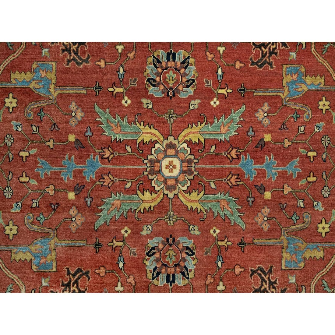 Sanguine Red Vibrant Wool Antiqued Heris Re-Creation Hand Knotted Rug - 8
