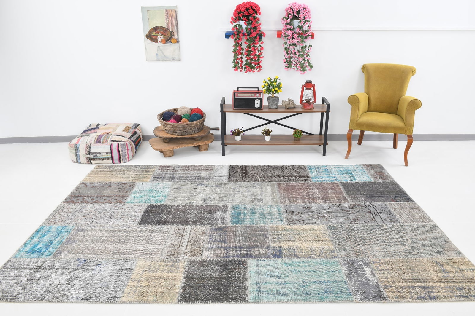 6'10'' x 9'11'' Handmade Vintage Wool Patchwork Rug - 285 - 5