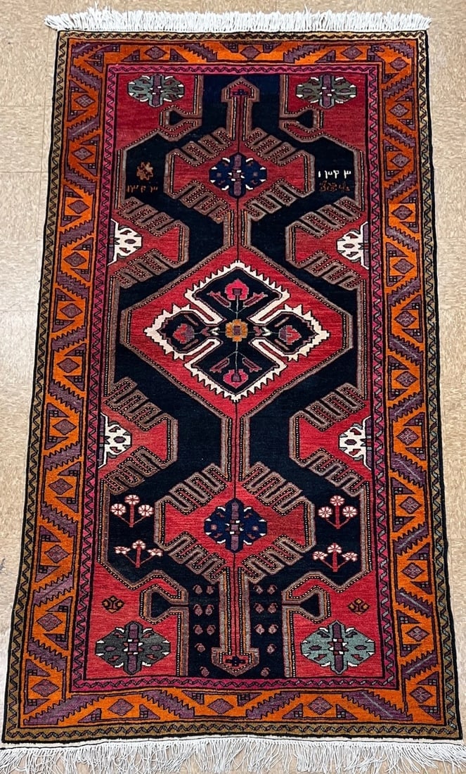 Antique Persian Hamedan Hand-Knotted Navy Geometric Wool Area Rug 4'11"x9'5" - 2