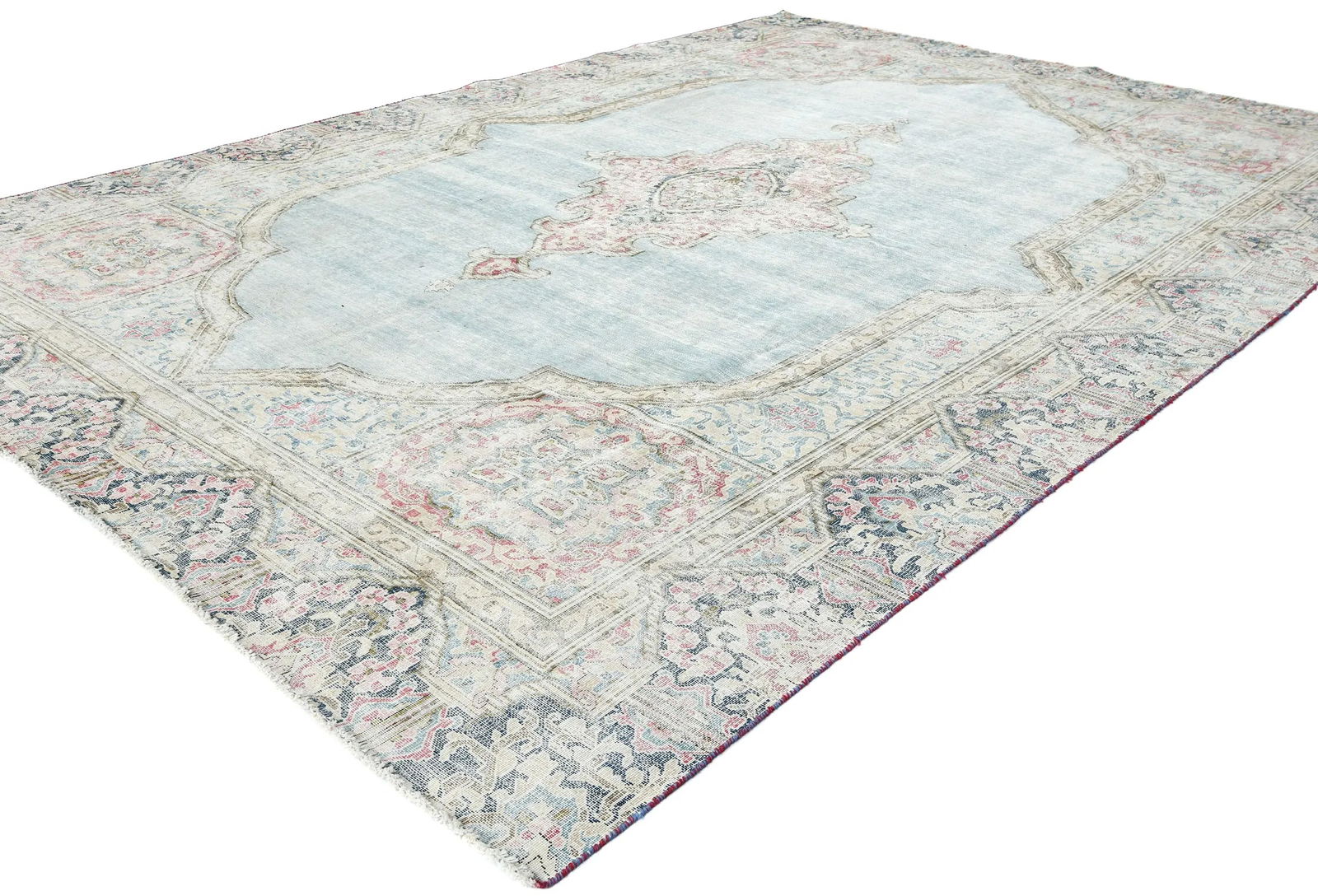 Muted Light Blue Floral 8X11 Distressed Vintage Oriental Rug - 3