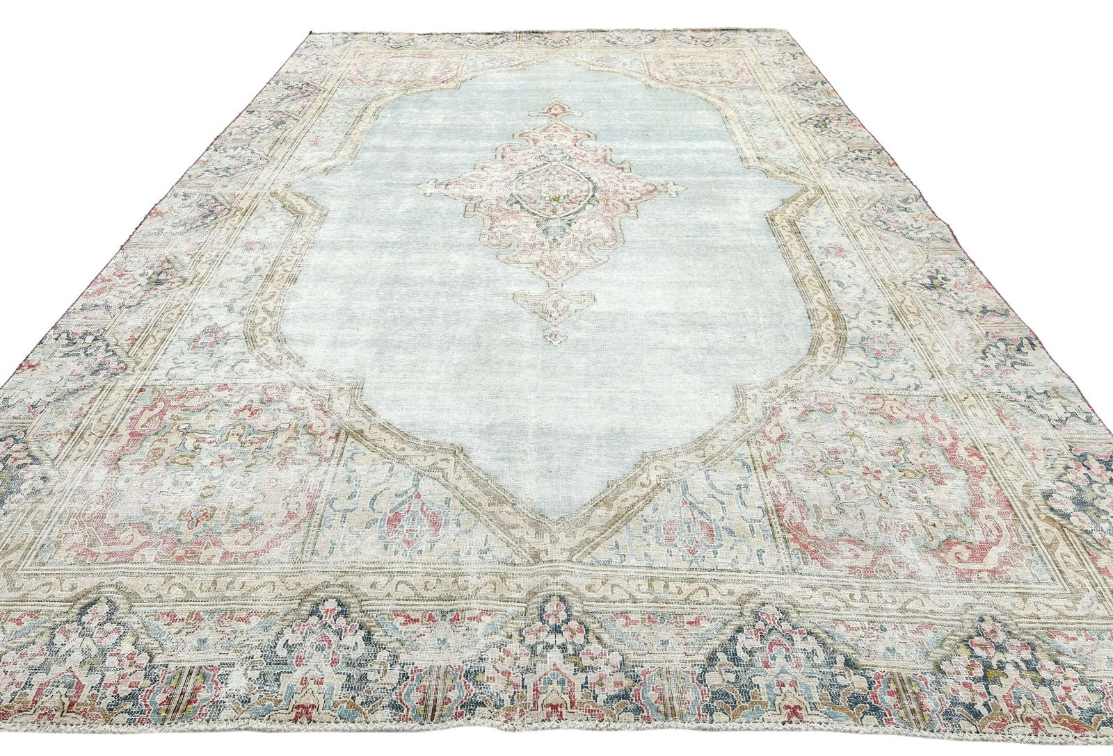 Muted Light Blue Floral 8X11 Distressed Vintage Oriental Rug - 8