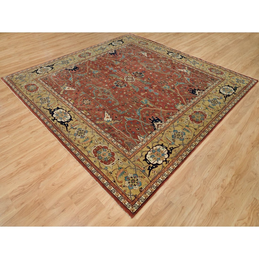 Henna Red Antiqued Heris Hand Knotted Wool Square Oriental Rug - 3