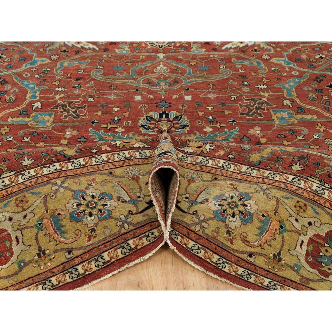 Henna Red Antiqued Heris Hand Knotted Wool Square Oriental Rug - 5