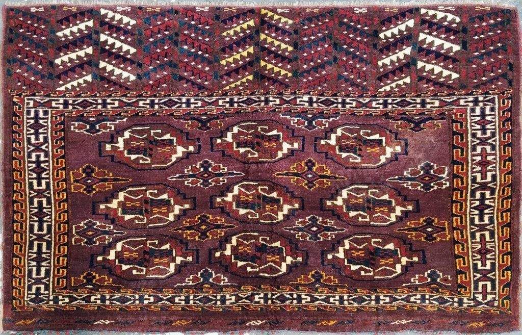 HAND KNOTTED WOOL ANTIQUES RUG: Title:HAND KNOTTED WOOL ANTIQUES RUG Dimensions:2'6X3'11 Age:VINTAGE Origin:TURKOMAN Reserve: $1,500.00 Shipping: Domestic: Shipping rates are determined by destination International: Foreign shipping