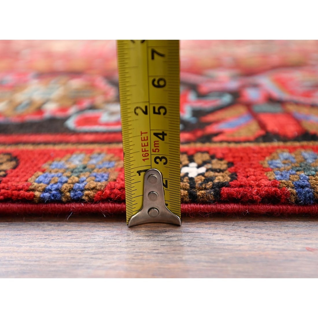 Red Vintage Zoroastrian Heris Hand Knotted Worn Wool Oriental Rug - 10