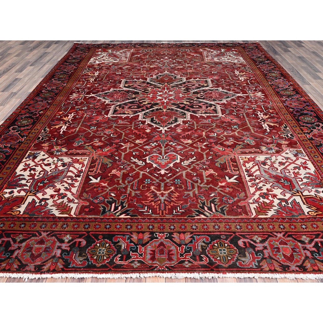 Red Vintage Zoroastrian Heris Hand Knotted Worn Wool Oriental Rug - 2