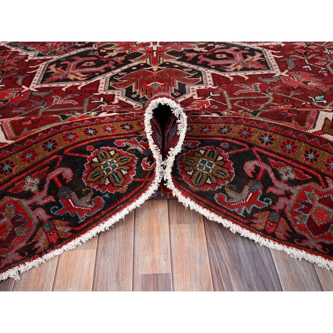Red Vintage Zoroastrian Heris Hand Knotted Worn Wool Oriental Rug - 5