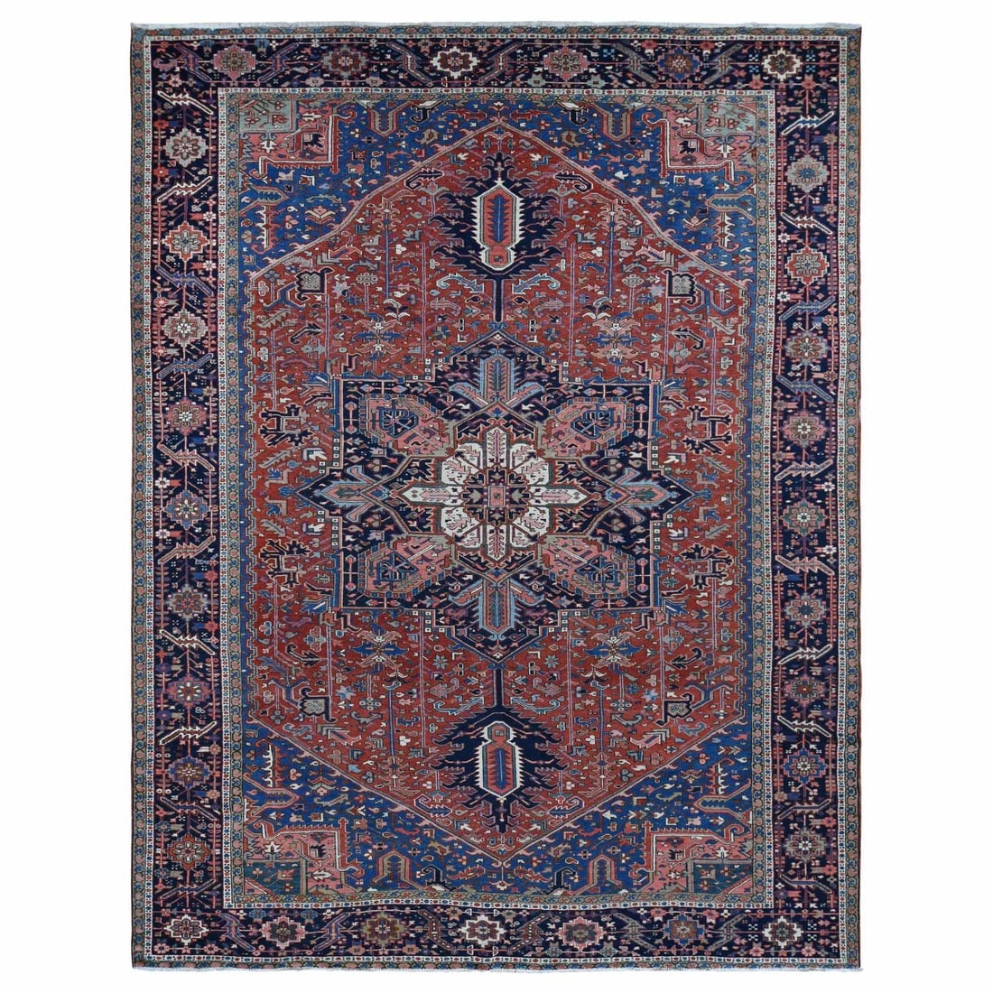 Red, Antique Persian Karajeh Heriz, Wool Hand Knotted Oversized Rug: Title: Red, Antique Persian Karajeh Heriz, Wool Hand Knotted Oversized Rug Description: This is a truly genuine one-of-a-kind. It has been Knotted for months and months in the centuries-old weaving cr