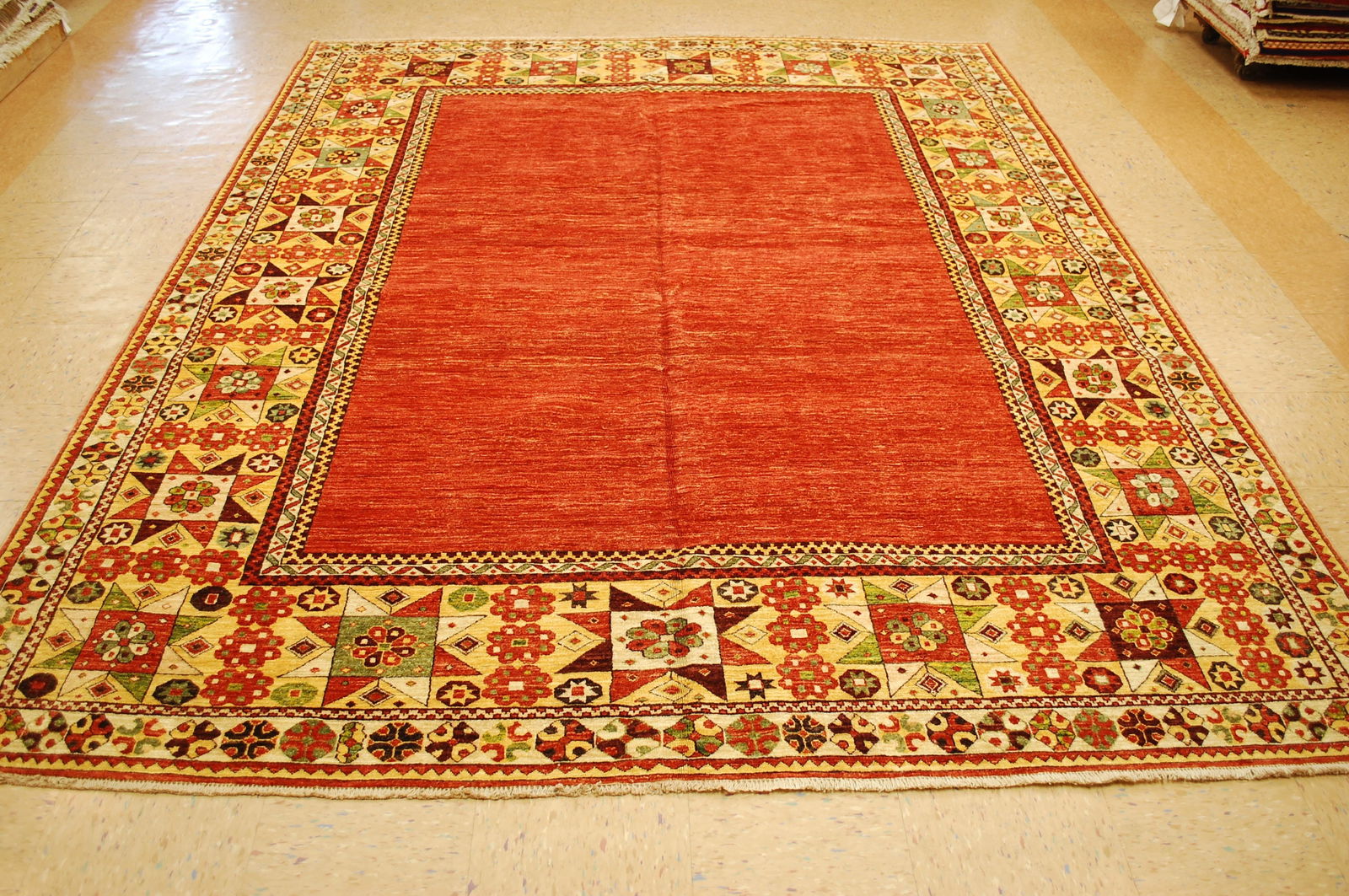 AFGHAN CHOBI RUG 8x10: Title:AFGHAN CHOBI RUG 8x10 Description:ANTIQUE RARE ROOM SIZE CAUCASIAN KAZAK DESIGN AFGHAN CHOBI RUG with exact size of 8' x 10' .........Red abackground with a Amazing Yellow Caucasian design tBord