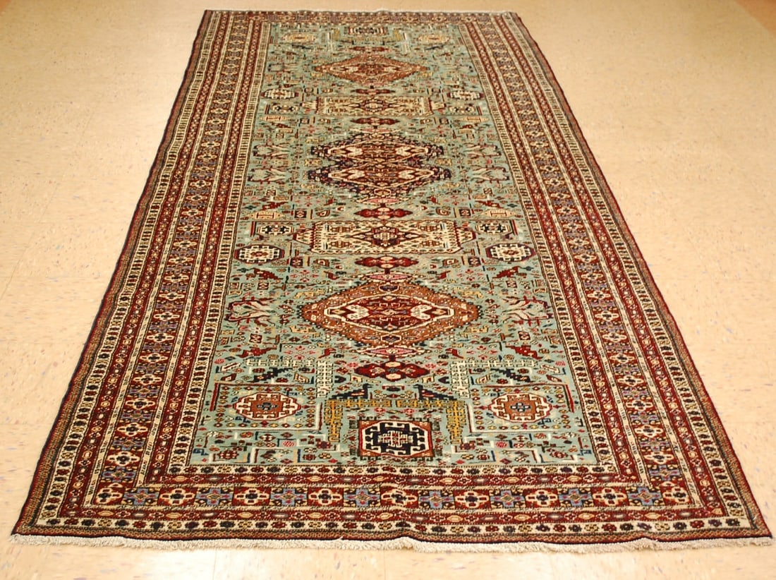 CAUCASIAN SHIRVAN RUG 4.7x11: Title: CAUCASIAN SHIRVAN RUG 4.7x11 Description:ANTIQUE HIGHLY DETAILED MINT CAUCASIAN SHIRVAN DESIGN RUG.........with an exact size of 4' 7" x 11' .......Rare Green field with many detailed Animal