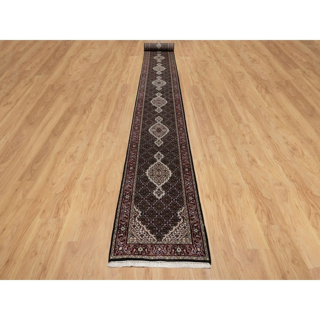 Black Tabriz Mahi with Fish Design Hand Knotted Pure Wool Runner Rug - 2