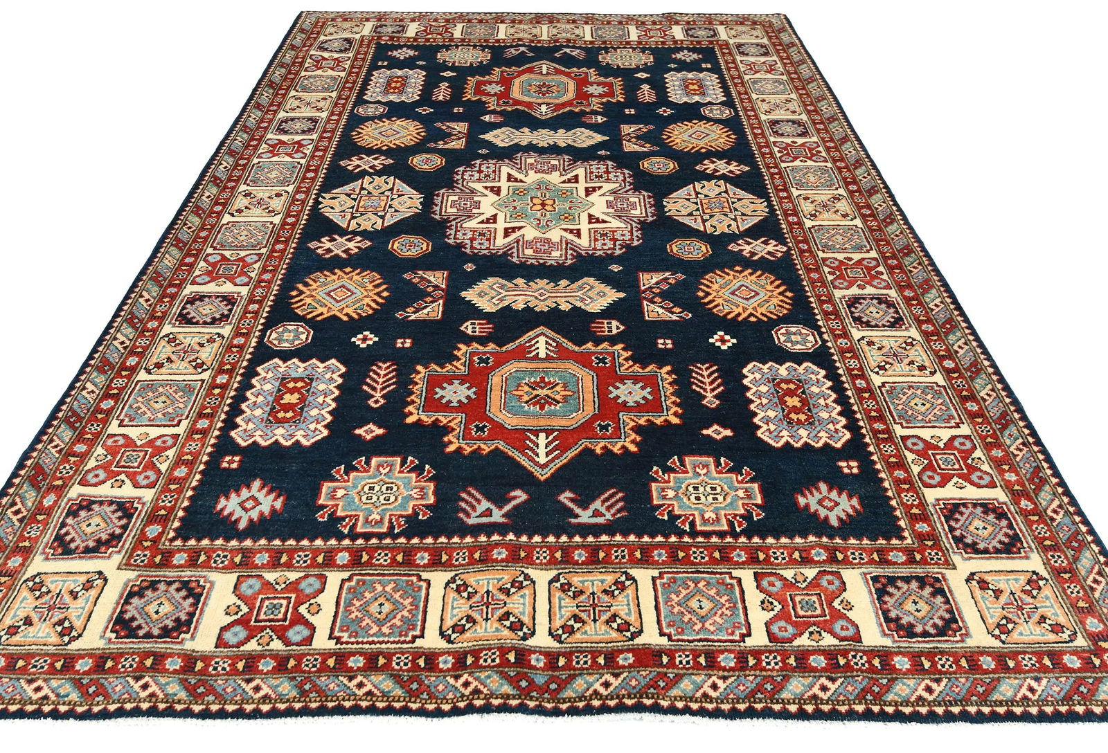Dark Navy Tribal Geometric 6X9 Kazak Pakistan Rug - 2