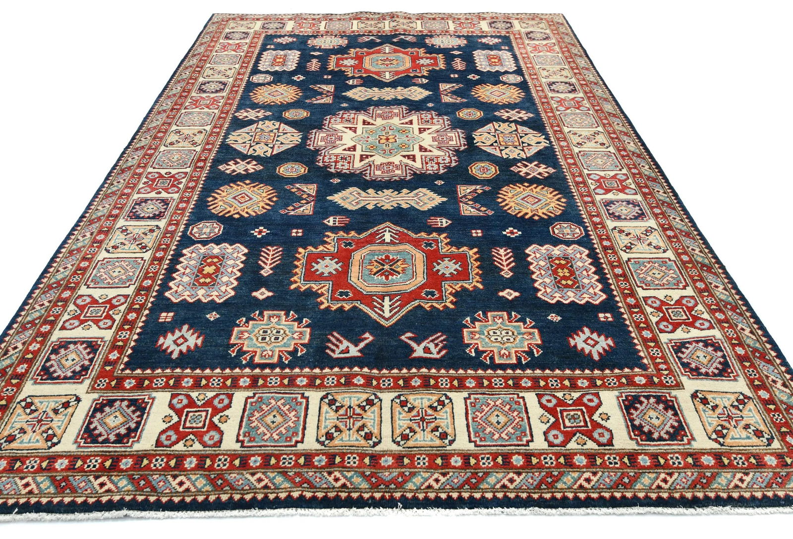 Dark Navy Tribal Geometric 6X9 Kazak Pakistan Rug - 8