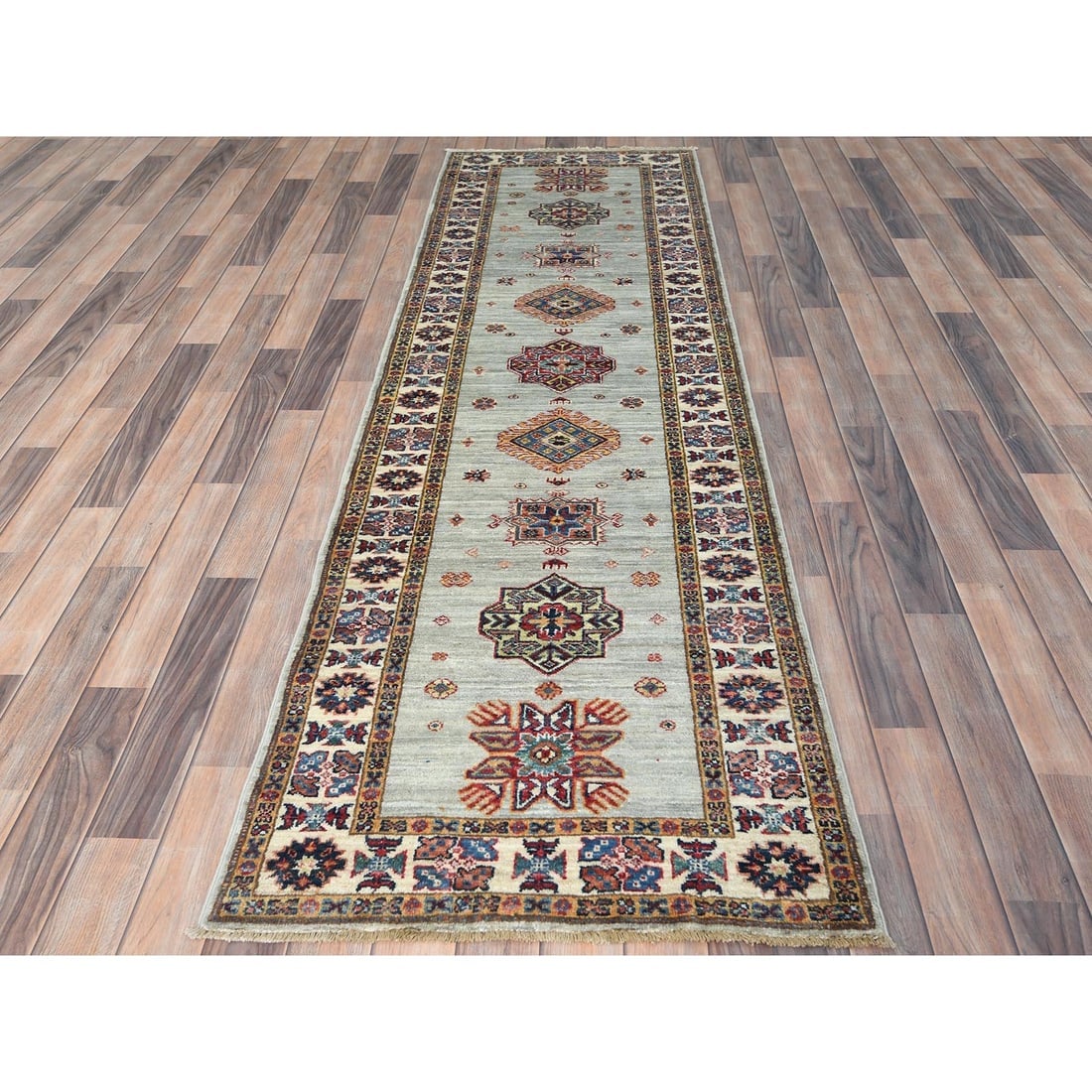 Ash Gray, Soft Wool Hand Knotted, Afghan Super Kazak Runner Rug - 2