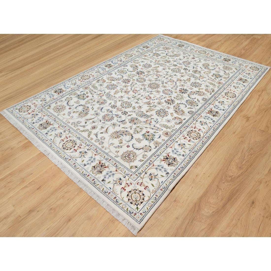 Natural White, Hand Knotted, Nain Design, 250 KPSI, Wool and Silk Rug - 3