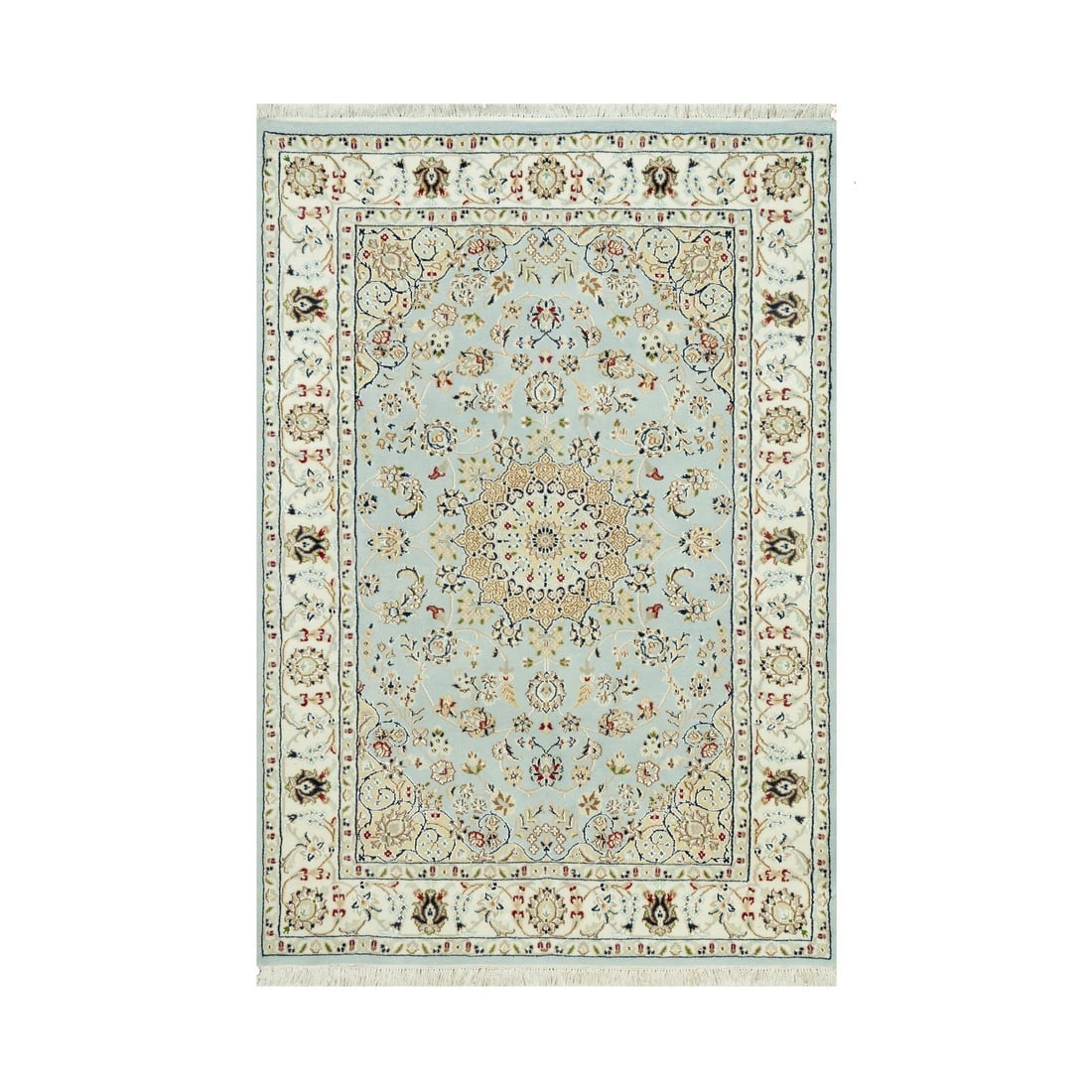 Blue Hydrangea Nain Center Medallion Hand Knotted 100% Wool Rug: Title: Blue Hydrangea Nain Center Medallion Hand Knotted 100% Wool Rug Description: This is a truly genuine one-of-a-kind. It has been Knotted for months and months in the centuries-old weaving crafts