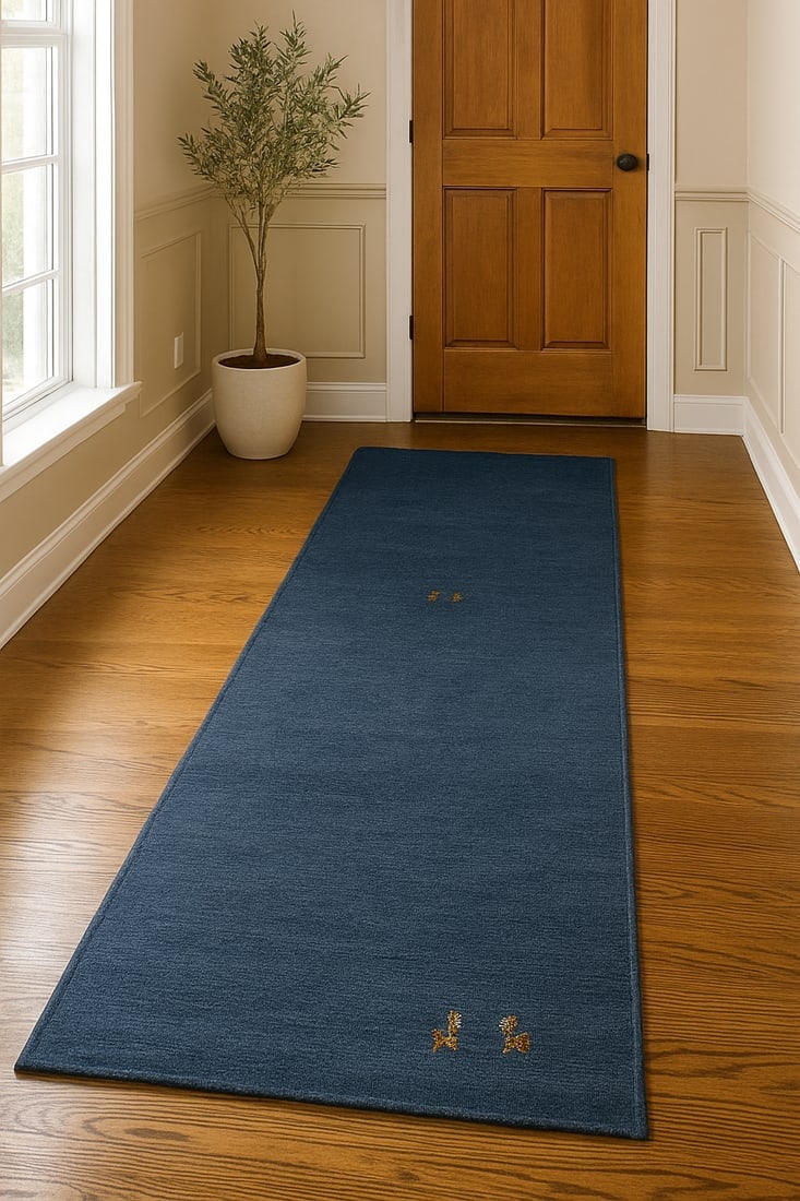 Steel Blue Tribal 3X12 Gabbeh Modern Runner Rug: Title:Steel Blue Tribal 3X12 Gabbeh Modern Runner Rug Description:Handmade 3X12 blue Oriental runner made with vegetable dyes (fine wool pile and cotton foundation), superior knot count, and alluring