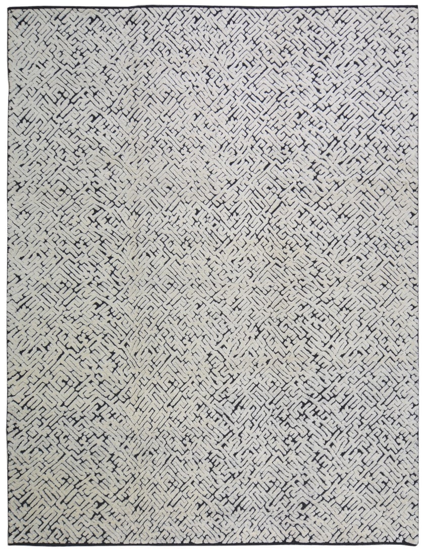 HAND KNOTTED WOOL ALEPH RUG: Title:HAND KNOTTED WOOL ALEPH RUG Dimensions:9'1X12 Age:NEW Origin:MOROCCAN Reserve: $4,200.00 Shipping: Domestic: Shipping rates are determined by destination International: Foreign shippi