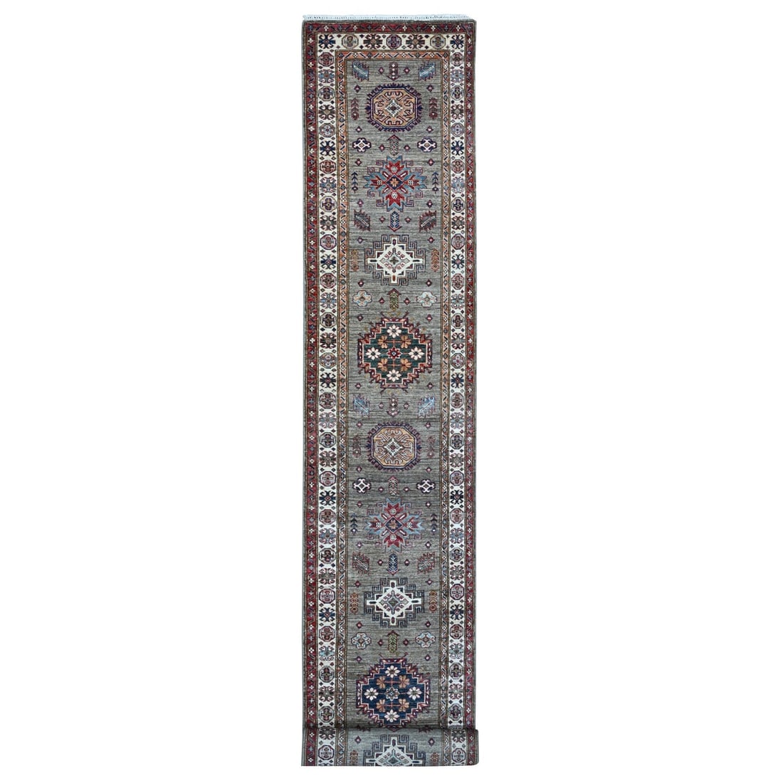 Battleship Gray Hand Knotted Super Kazak Wool XL Runner Oriental Rug: Title: Battleship Gray Hand Knotted Super Kazak Wool XL Runner Oriental RugDescription: This is a truly genuine one-of-a-kind. It has been Knotted for months and months in the centuries-old weaving