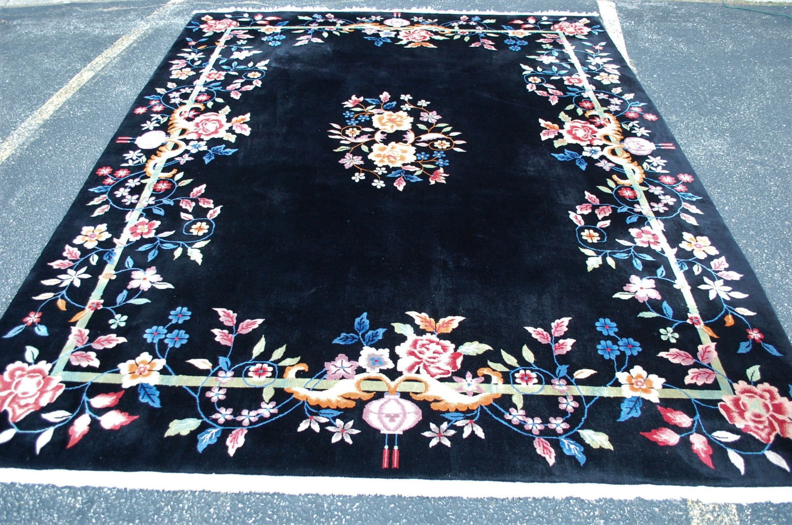 CHINESE NICHOLS RUG 8x10: Title:CHINESE NICHOLS RUG 8x10 Description:ANTIQUE COLLECTORS ESTATE TREASURE ART DECO CHINESE WALTER NICHOLS RUG Circa 1920s with exact size of 8' x 10' ....Detailed Chinese floral field over Black