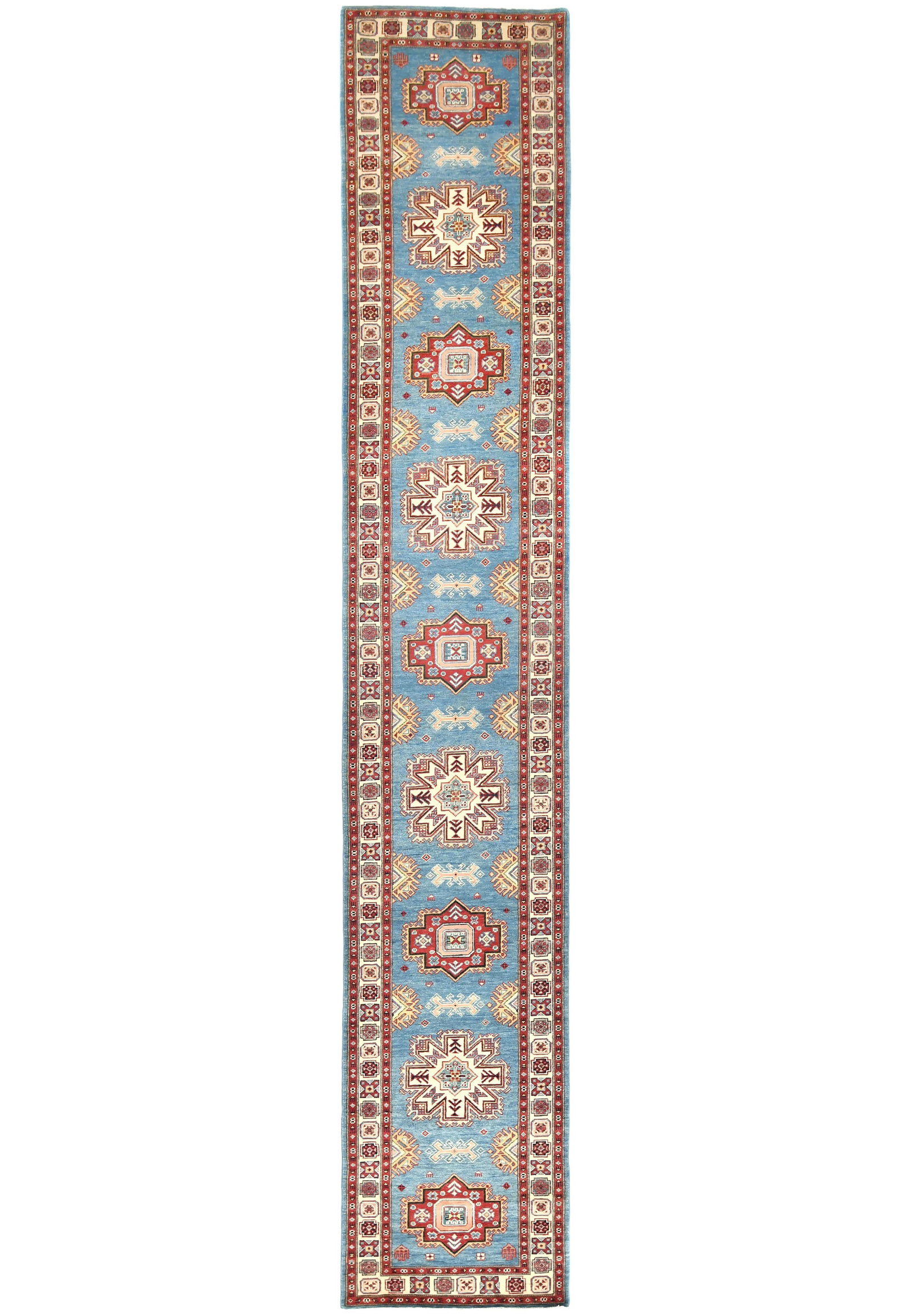 Blue Tribal Geometric 3X16 Kazak Oriental Runner Rug: Title:Blue Tribal Geometric 3X16 Kazak Oriental Runner Rug Description:Handmade 3X16 Blue oriental Runner rug made with natural dyes (fine wool pile and cotton foundation), superior knot count, and ap