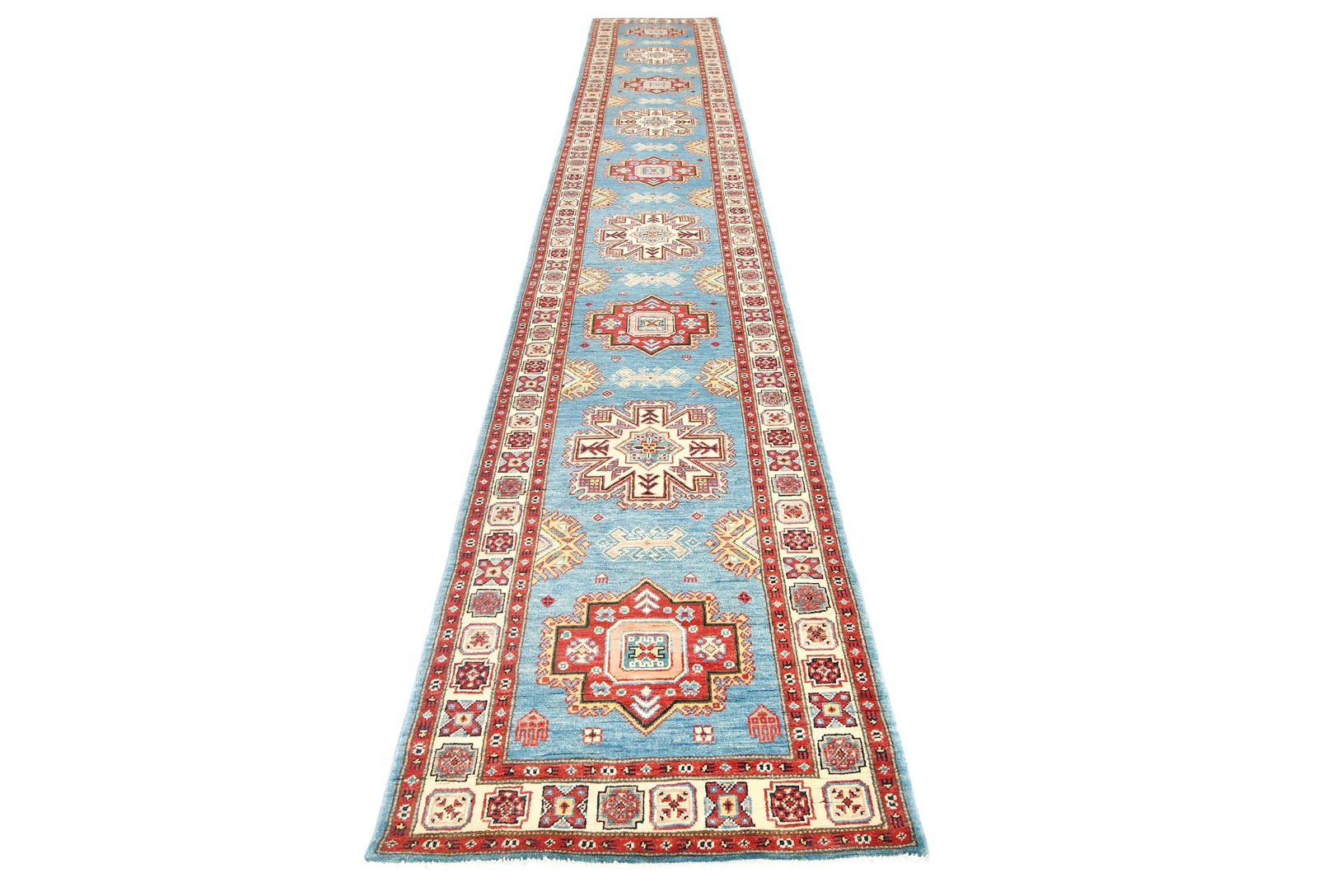 Blue Tribal Geometric 3X16 Kazak Oriental Runner Rug - 2