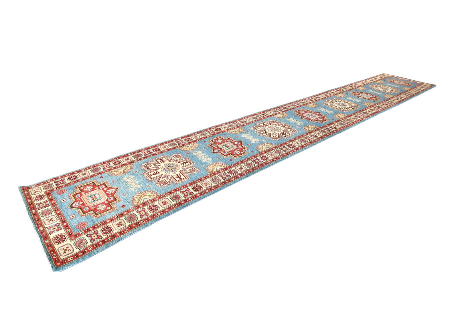 Blue Tribal Geometric 3X16 Kazak Oriental Runner Rug - 3