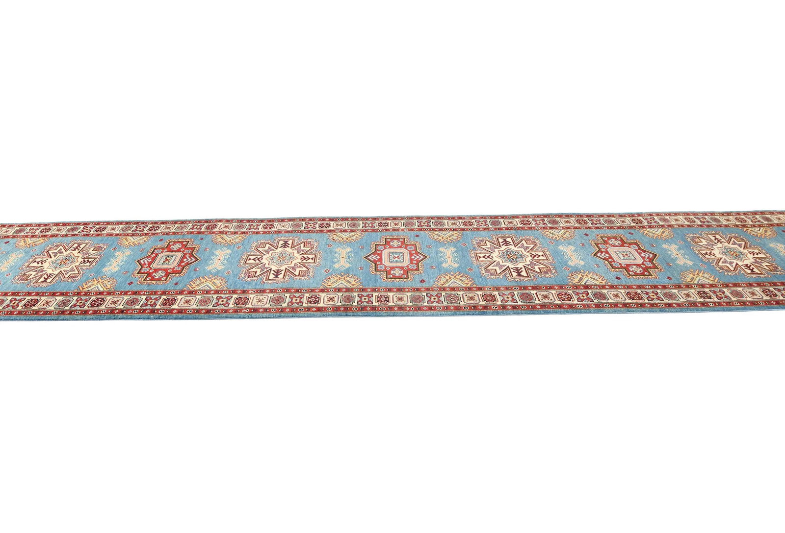 Blue Tribal Geometric 3X16 Kazak Oriental Runner Rug - 4