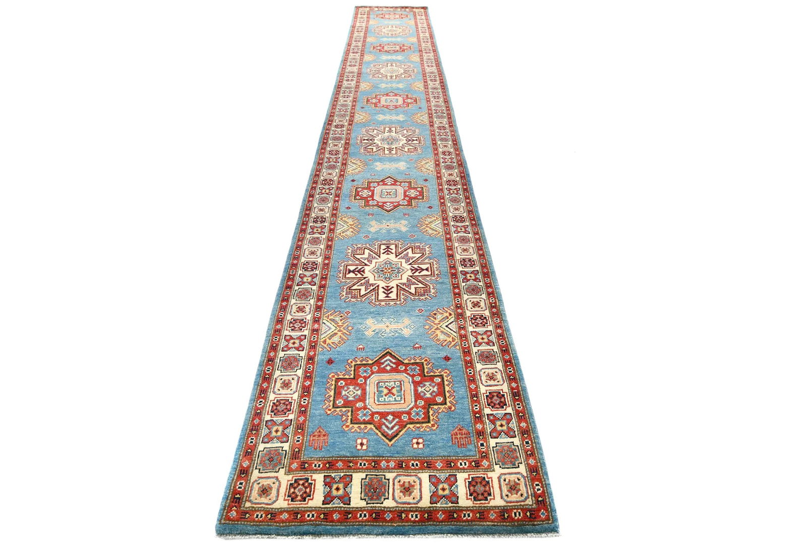 Blue Tribal Geometric 3X16 Kazak Oriental Runner Rug - 8