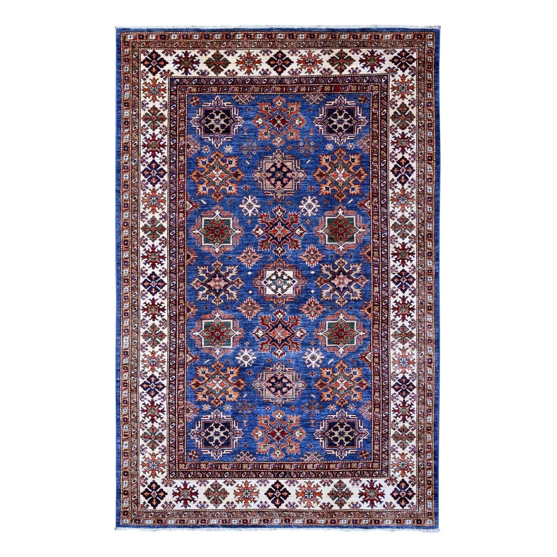 Cobalt Blue Hand Knotted Wool Tribal Motifs Super Kazak Oriental Rug: Title: Cobalt Blue Hand Knotted Wool Tribal Motifs Super Kazak Oriental RugDescription: This is a truly genuine one-of-a-kind. It has been Knotted for months and months in the centuries-old weaving