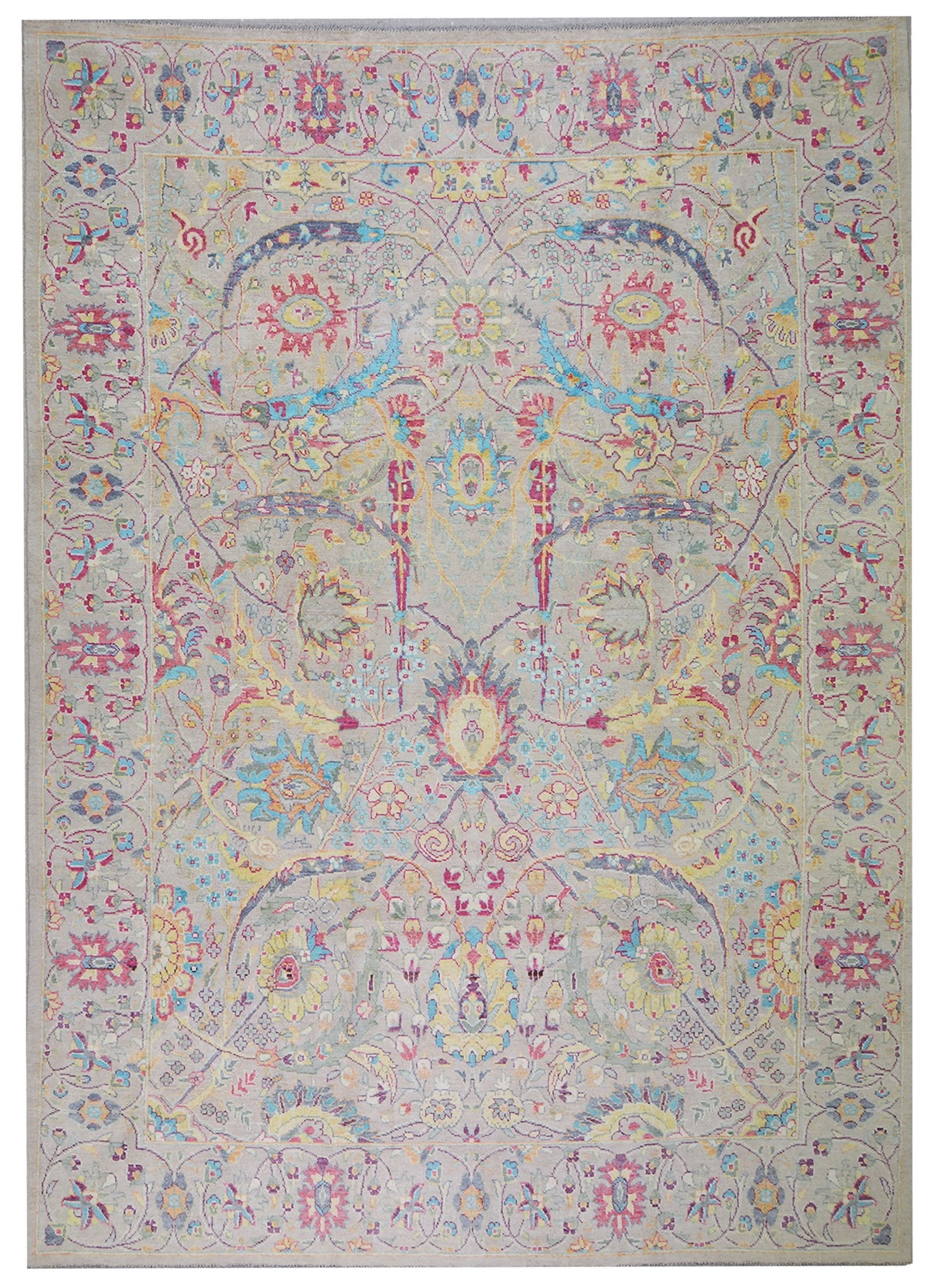 HAND KNOTTED WOOL OUSHAK RUG: Title:HAND KNOTTED WOOL OUSHAK RUG Dimensions:9'8X13'4 Age:VINTAGE Origin:TURKISH Reserve: $5,250.00 Shipping: Domestic: Shipping rates are determined by destination International: Foreign