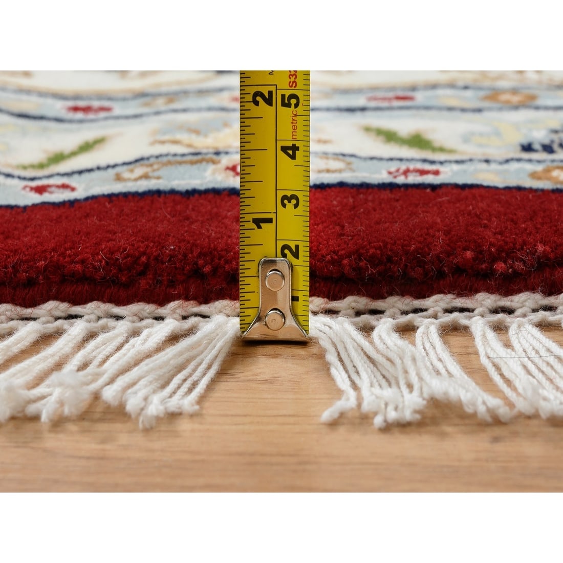 Cherry Red Hand Knotted Nain Flower Design 250 KPSI Wool Round Rug - 11