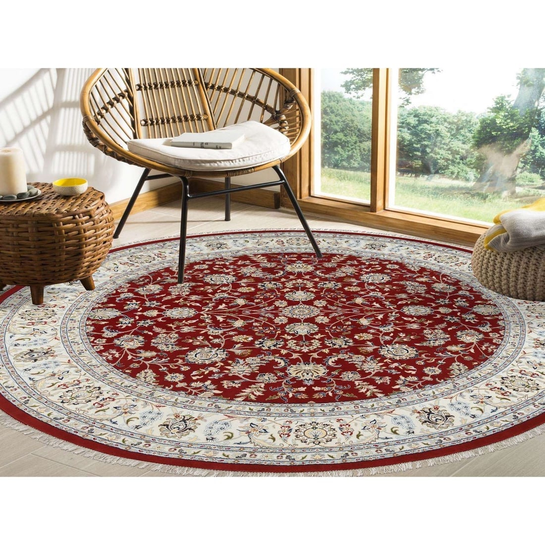 Cherry Red Hand Knotted Nain Flower Design 250 KPSI Wool Round Rug - 2