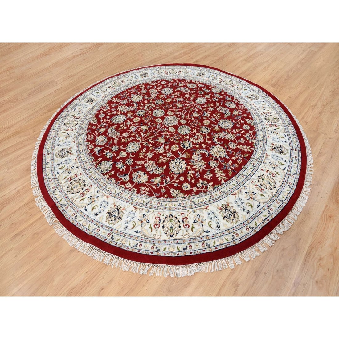 Cherry Red Hand Knotted Nain Flower Design 250 KPSI Wool Round Rug - 4