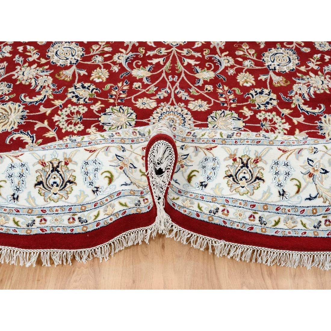 Cherry Red Hand Knotted Nain Flower Design 250 KPSI Wool Round Rug - 6