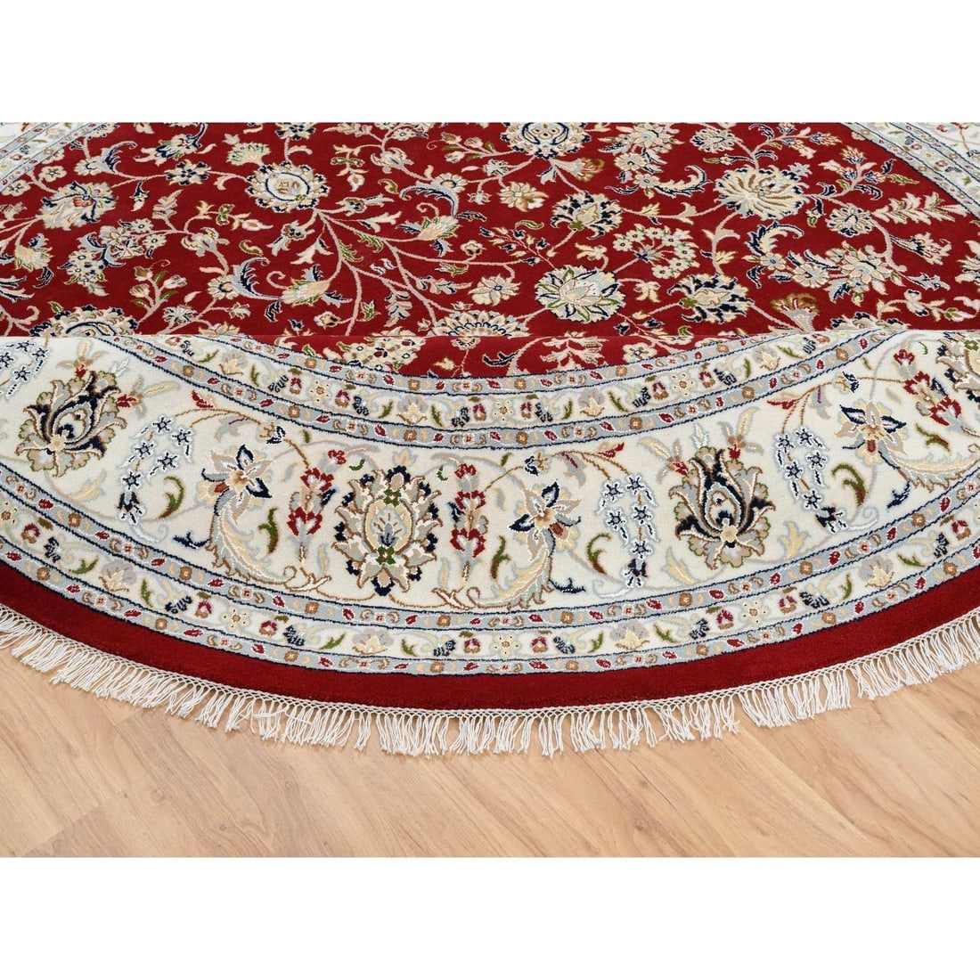 Cherry Red Hand Knotted Nain Flower Design 250 KPSI Wool Round Rug - 7