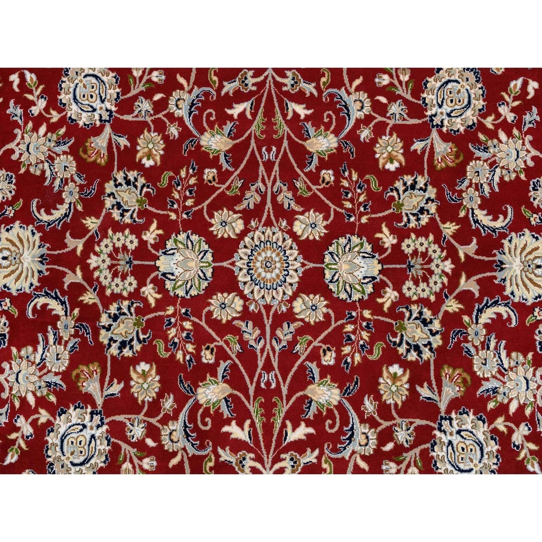 Cherry Red Hand Knotted Nain Flower Design 250 KPSI Wool Round Rug - 9