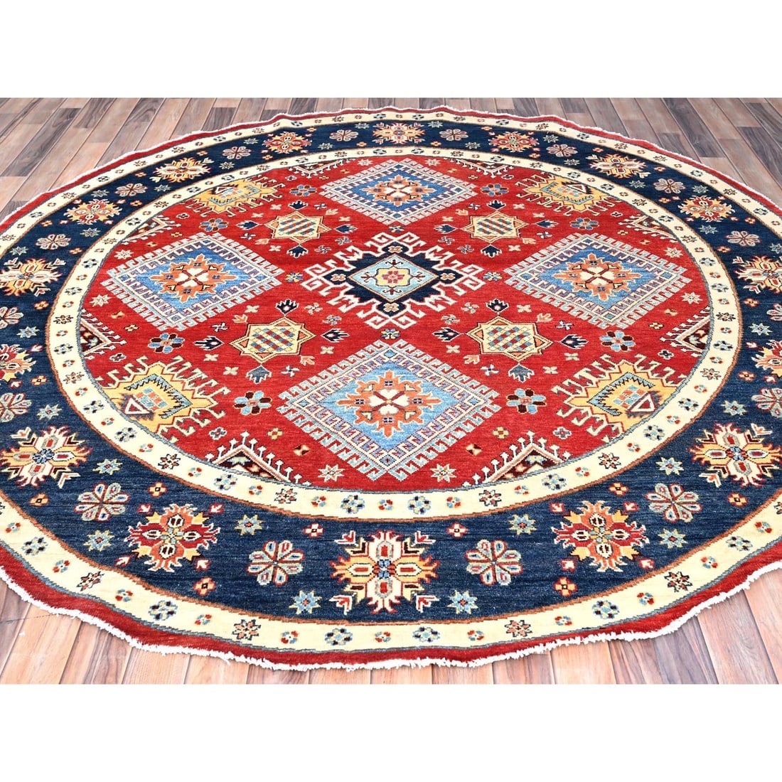 Red, Soft Wool, Special Kazak, Hand Knotted, Round Oriental Rug - 2