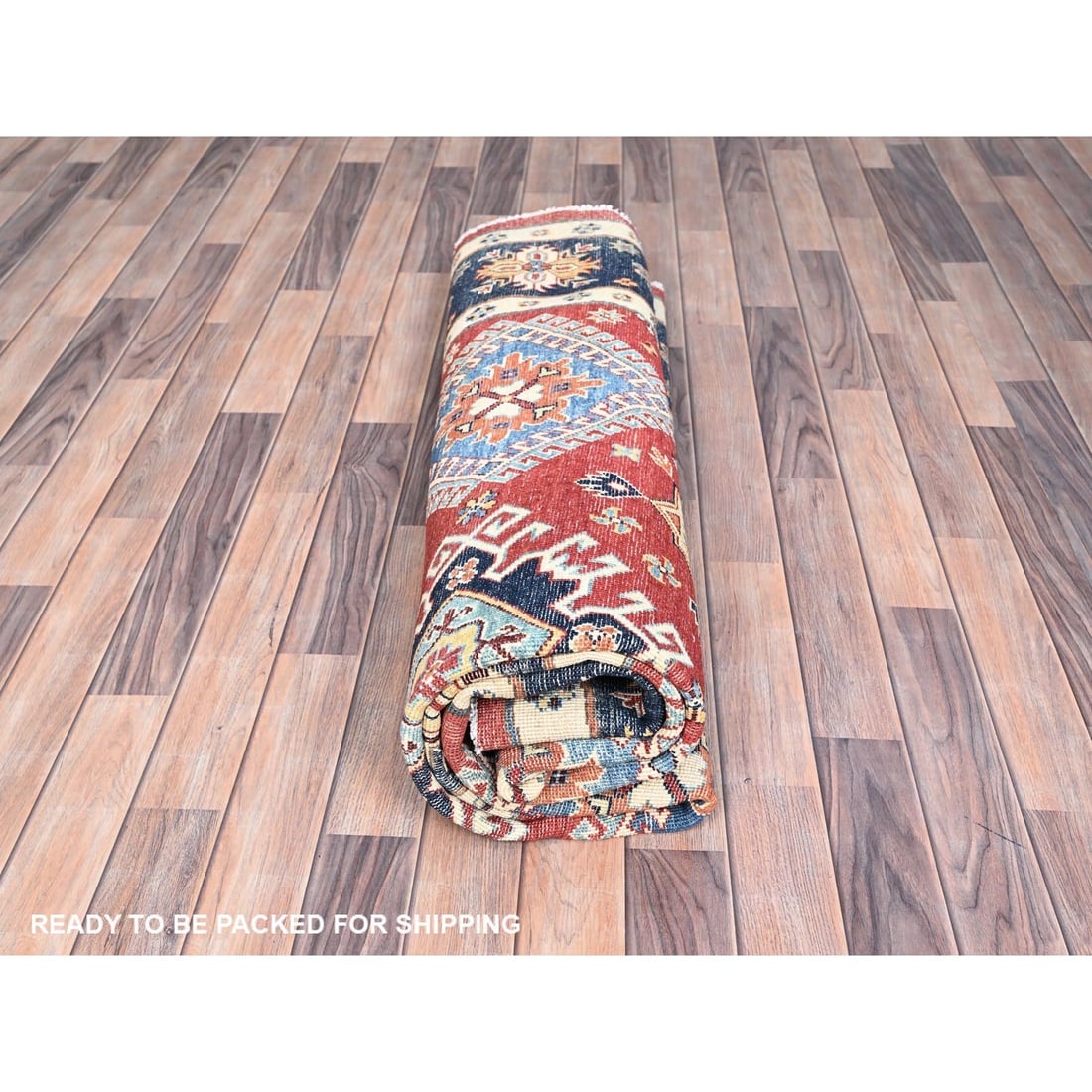 Red, Soft Wool, Special Kazak, Hand Knotted, Round Oriental Rug - 8