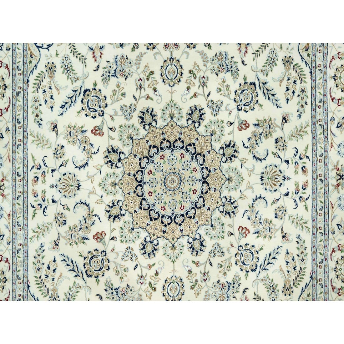 Huron White Hand Knotted Nain Large Medallion Design Wool Oriental Rug - 8