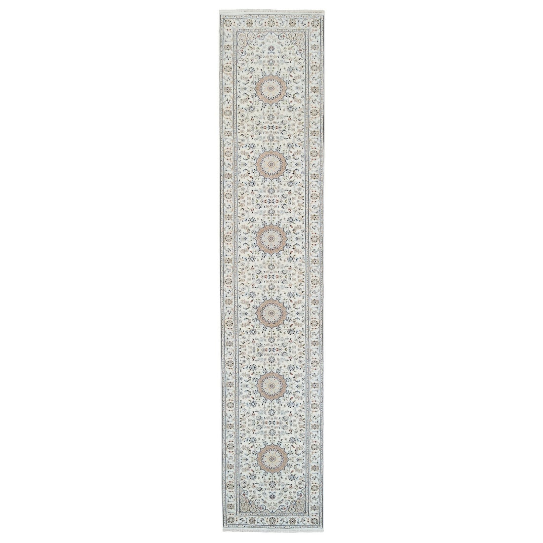 Ivory Nain Flower Design 250 KPSI Pure Wool Hand Knotted Runner Rug: Title: Ivory Nain Flower Design 250 KPSI Pure Wool Hand Knotted Runner Rug Description: This is a truly genuine one-of-a-kind. It has been Knotted for months and months in the centuries-old weaving cr