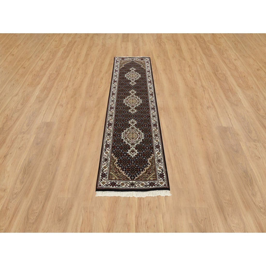 Rich Black Tabriz Mahi 175 KPSI Pure Wool Hand Knotted Runner Rug - 2
