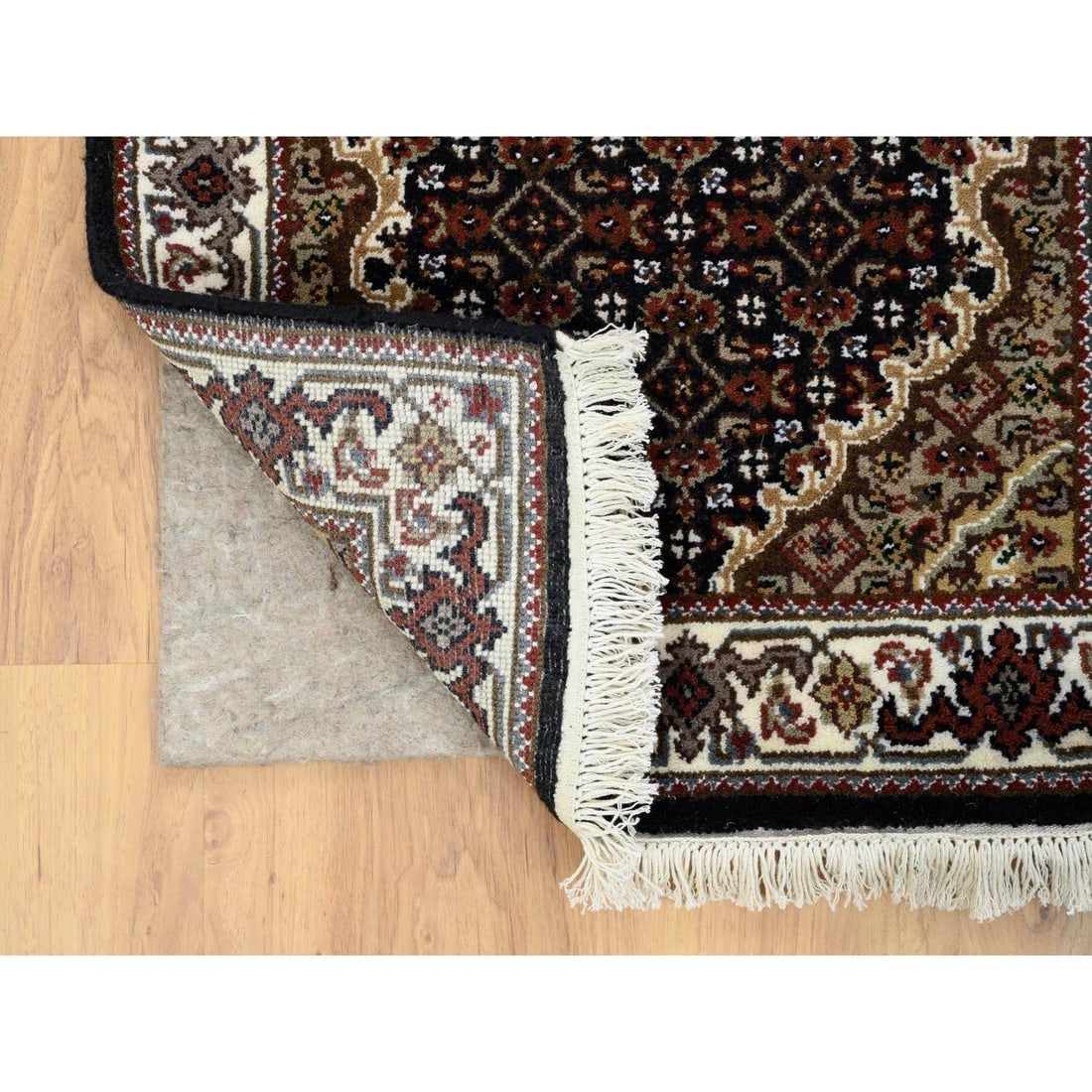 Rich Black Tabriz Mahi 175 KPSI Pure Wool Hand Knotted Runner Rug - 3
