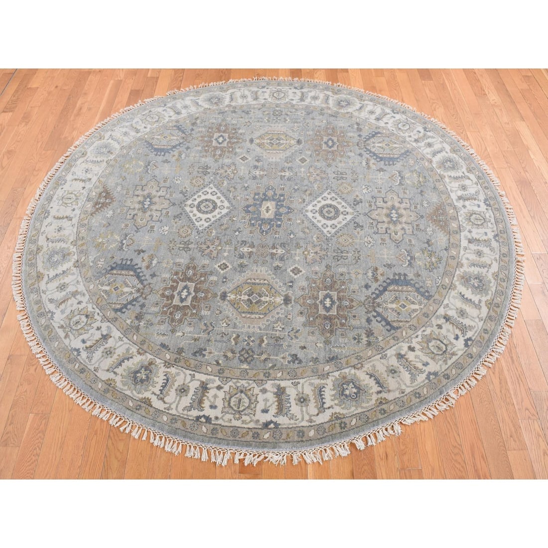 Old Silver Gray, Karajeh Design, Pure Wool, Hand Knotted, Round Rug - 2