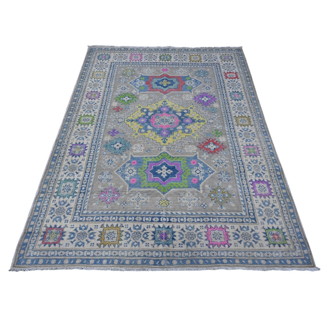 Dorian Gray Hand Knotted Fusion Kazak All Natural Wool Oriental Rug: Title: Dorian Gray Hand Knotted Fusion Kazak All Natural Wool Oriental Rug Description: This is a truly genuine one-of-a-kind. It has been Knotted for months and months in the centuries-old weaving cr
