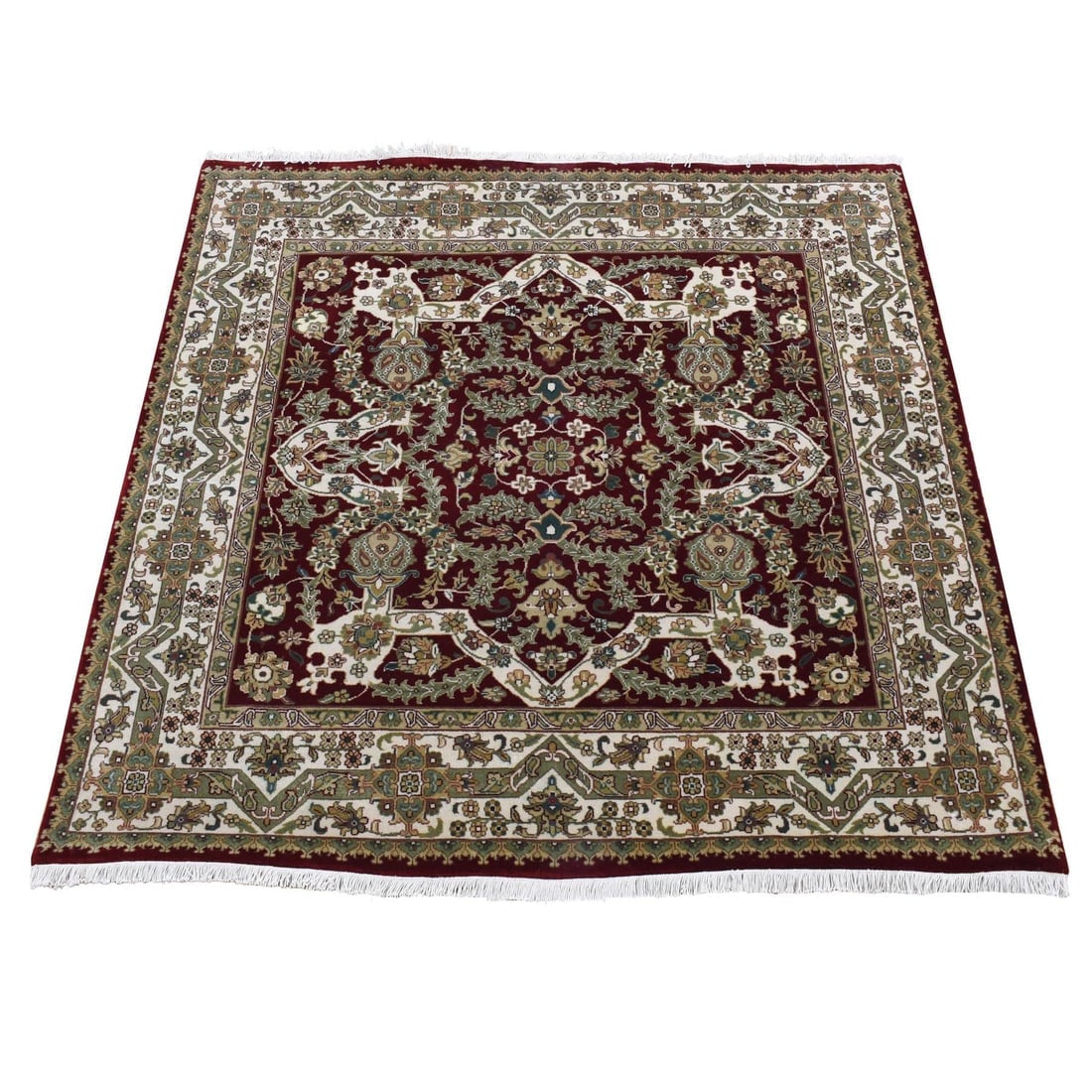 Red, Tabriz Hand Knotted, 300 KPSI, New Zealand Wool, Square Rug: Title: Red, Tabriz Hand Knotted, 300 KPSI, New Zealand Wool, Square Rug Description: This is a truly genuine one-of-a-kind. It has been Knotted for months and months in the centuries-old weaving craft